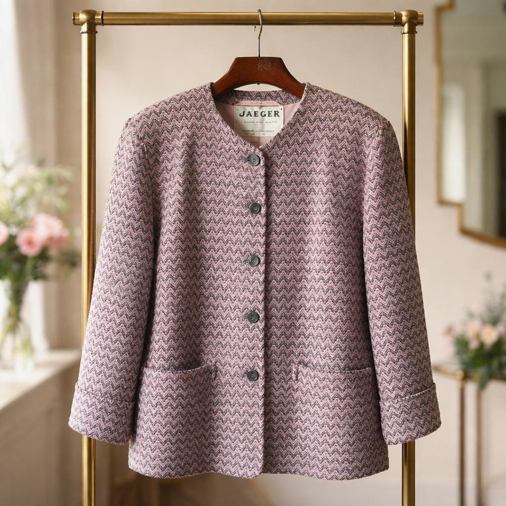 Jaeger 8 Vintage Women's Pink Chevron Blazer Jacket Great Britain‎ Wool Mohair